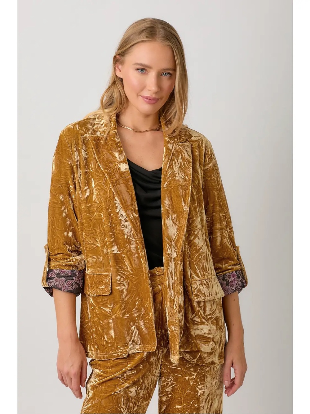 Crushed Velvet Open Blazer Jacket in Mustard